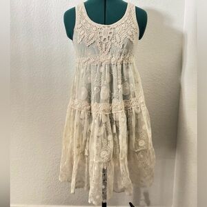 Boho Ivory Lace Tiered Dress • Crochet Detail • Size L • Festival / Cottagecore